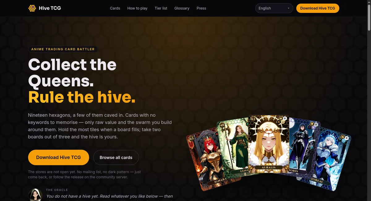 Le produit Hive TCG, en ligne.